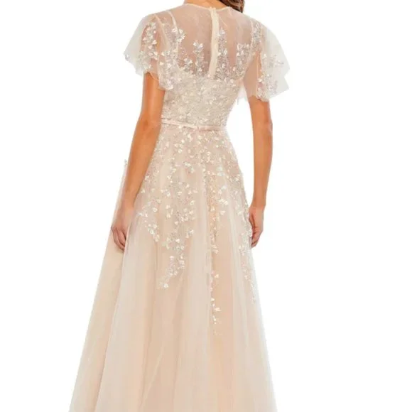 MAC DUGGAL 20362 EMBELLISHED FLUTTER SLEEVE BOW WAIST A-LINE NUDE GOWN sz 8 - Picture 2 of 6